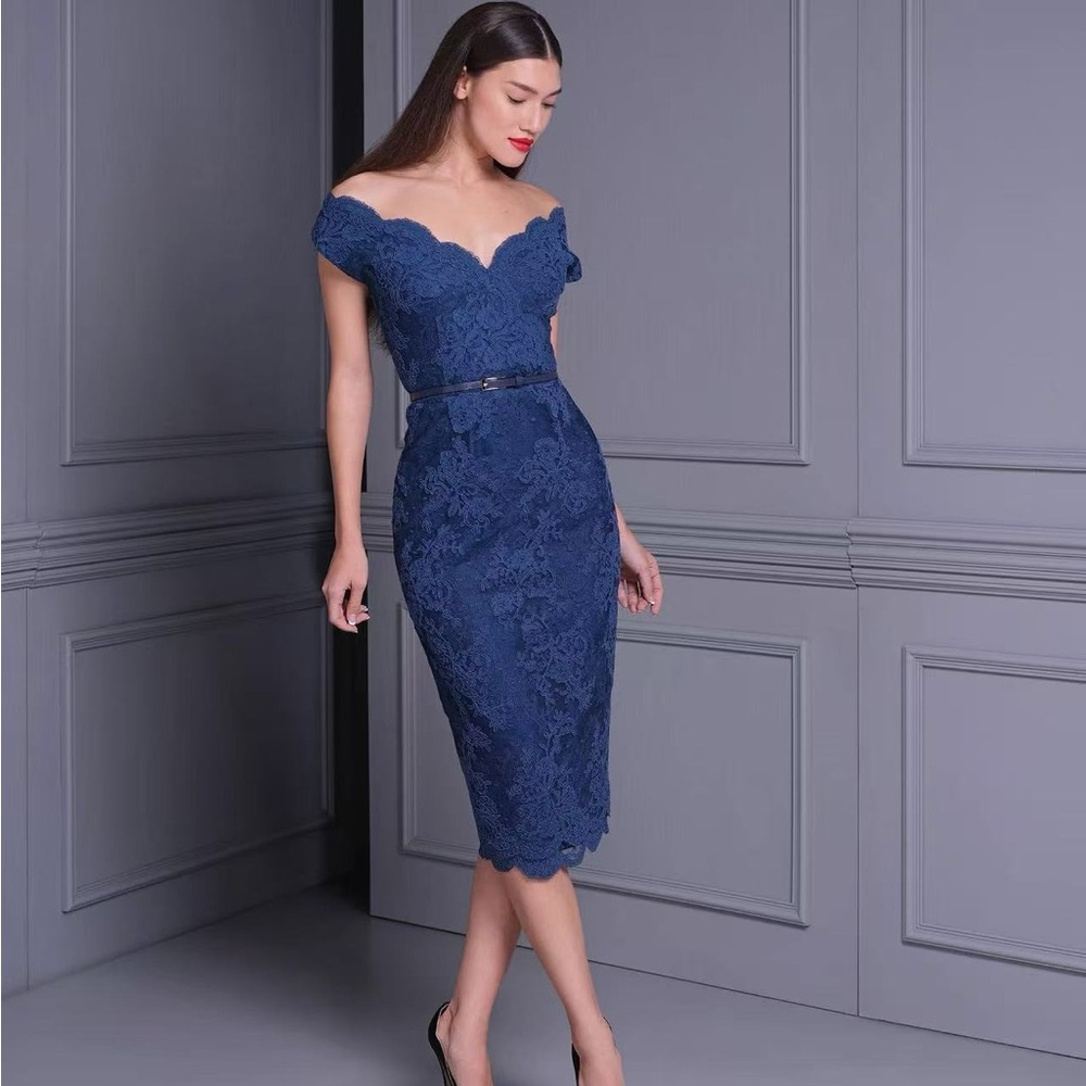 🛑Poem Bangkok Chic Off-Shoulder Navy Lace Midi Dress